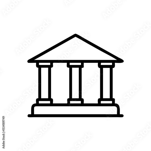 Minimalist Silhouette Icon of a Bank Building with Classical Pillars and a Triangular Roof, Simple Line Art Design on White Background Representing Financial Institution, Government, or Classical Arch