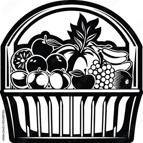 Black and White Vector Fruit Basket Apples Plums Grapes Bananas