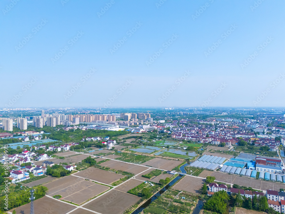 Fototapeta premium Aerial view of rural scenery in the suburbs, Pudong New Area, Shanghai.