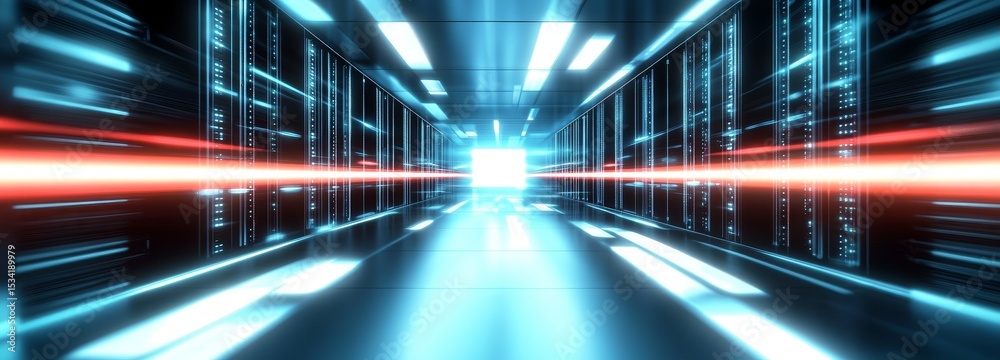 Fototapeta premium Modern Data Center with Illuminated Server Racks and Futuristic Lighting