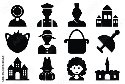 Collection of black silhouette icons featuring people buildings and various other elements