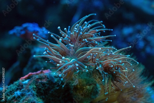 fluorescent torch coral move tentacle, soft coral grow on frag plug, reef marine aquarium, coquina live rock mariculture aquascape, LED actinic blue light, wave maker laminar flow, dark background photo
