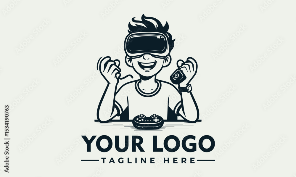 Cheerful person wearing a virtual reality headset and holding a game controller with abstract digital elements. Gaming and technology concept Cheerful person wearing a virtual reality headset and holding a game controller with abstract digital elements. Gaming and technology concept