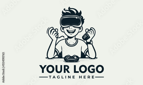 Cheerful person wearing a virtual reality headset and holding a game controller with abstract digital elements. Gaming and technology concept