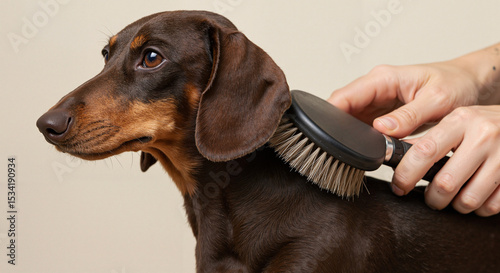 Dog being groomed with a brush in a light-colored room