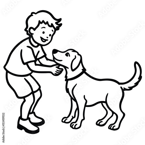 Boy petting happy Labrador dog black and white line art illustration
