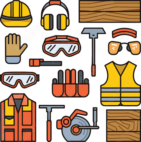 Construction Safety Equipment Icons – Vector Set of Tools, Gear, and Protective Wear