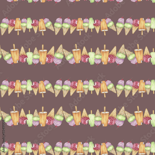 Seamless pattern of watercolor illustrations of colorful ice cream.