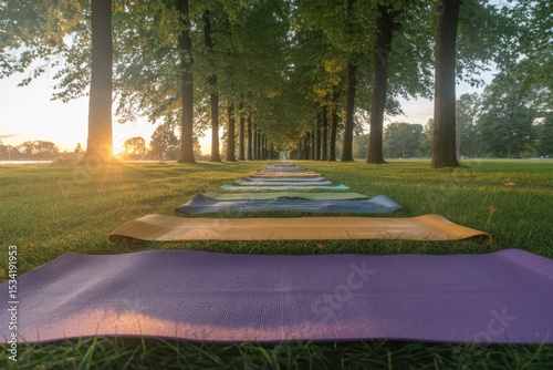 Yoga mats leading through green park towards sunset with glowing sun rays