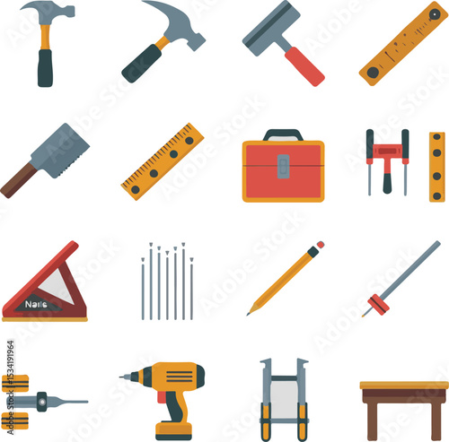 Carpentry  Icon set vector illustration. carpenter repairing tools