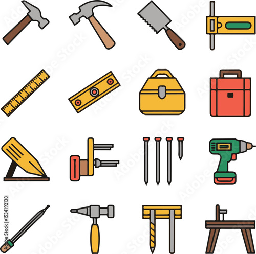Carpentry  Icon set vector illustration. carpenter repairing tools