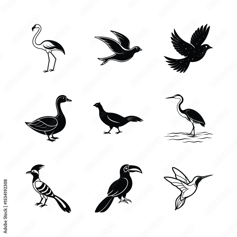 Fototapeta premium Collection of stylized bird illustrations in black and white perfect for nature design and logos