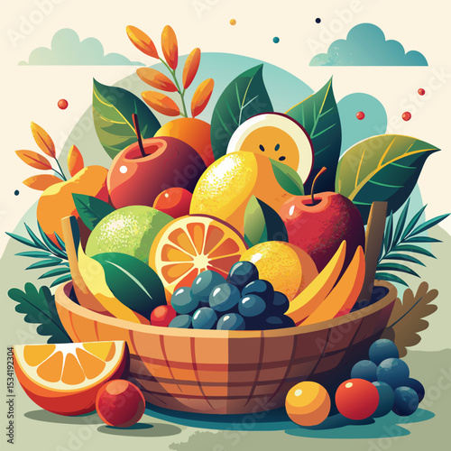 Colorful Fruit Basket Vector Art Illustration Oranges Apples Grapes Lemons