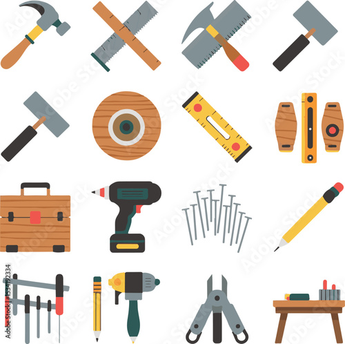 Carpentry  Icon set vector illustration. carpenter repairing tools