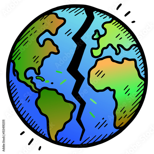 Vector illustration of a cracked Earth in a cartoon style, symbolizing environmental fragility, climate change, and global ecological concerns