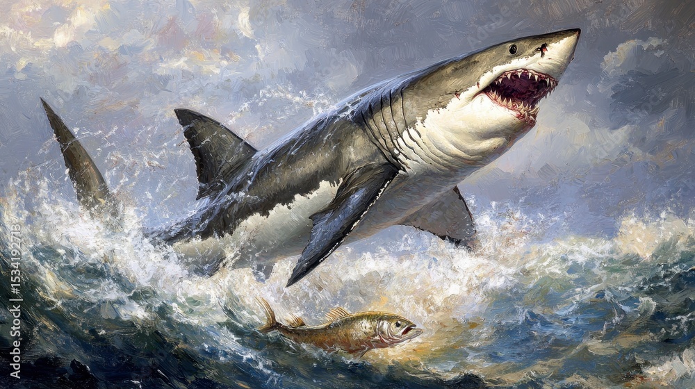 Fototapeta premium Great white shark leaping from ocean waves, jaws open, chasing prey.