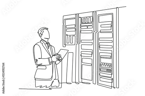  Data center concept. Single line draw design. Vector graphic illustration