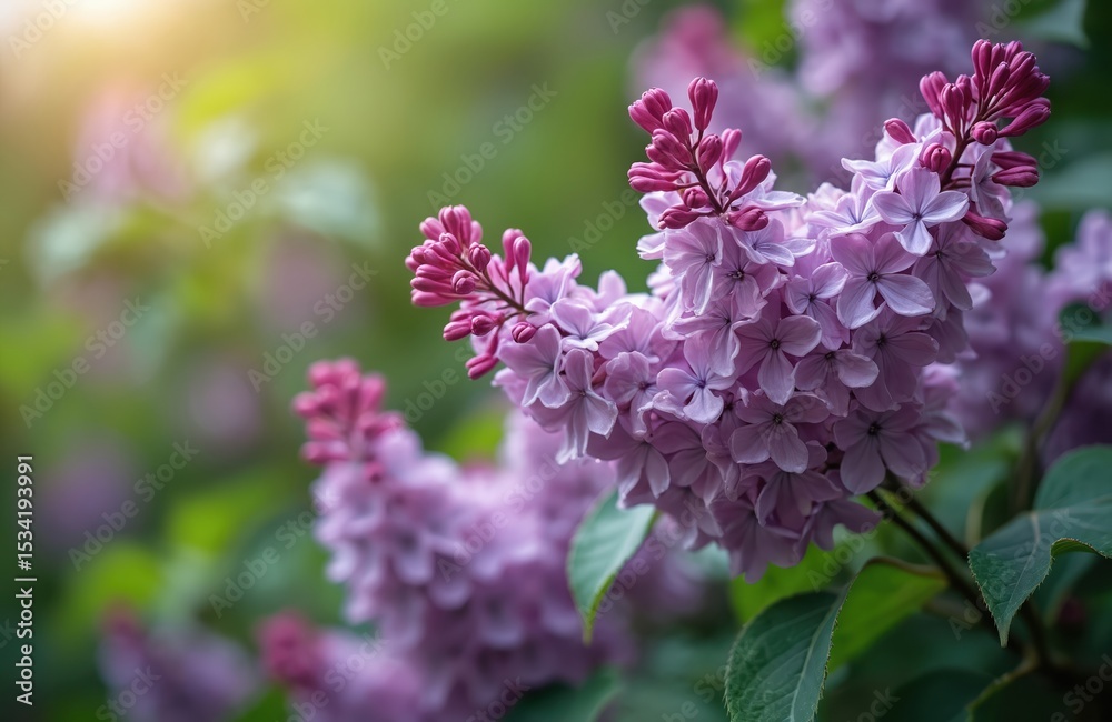 Obraz premium Close-up lilac flowers blooming. Common Syringa Vulgaris purple blossoms on bush. Spring floral botanical macro photo for garden. Fresh blooming blossoms, nature background.