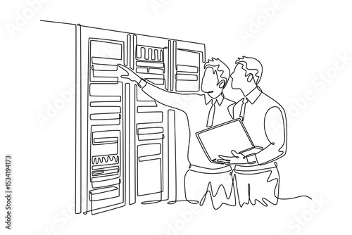 Data center concept. Single line draw design. Vector graphic illustration