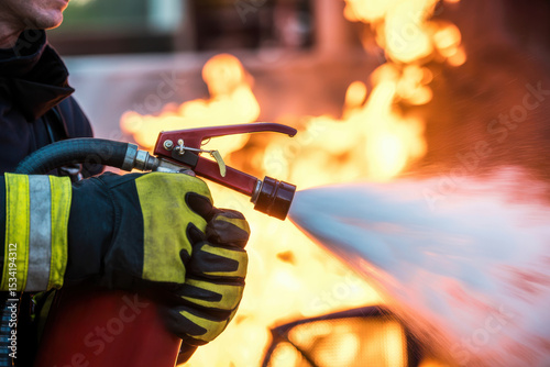 Firefighter using extinguisher with flames in background