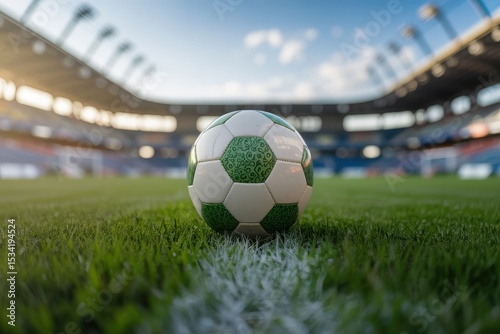 Green soccer ball on lush field with blurred stadium background