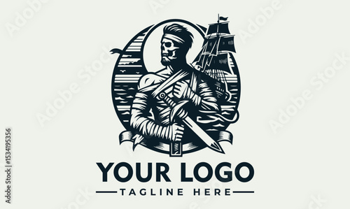 Intricate illustration of a rugged pirate figure with a classic hat, crossed swords, and a majestic sailing ship in the background. Maritime adventure concept
