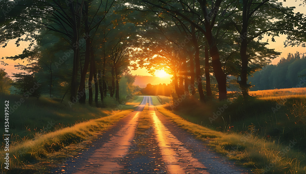 Obraz premium sunset in the forest Serene Nature Landscape – Royalty-Free 4K Outdoor Background
