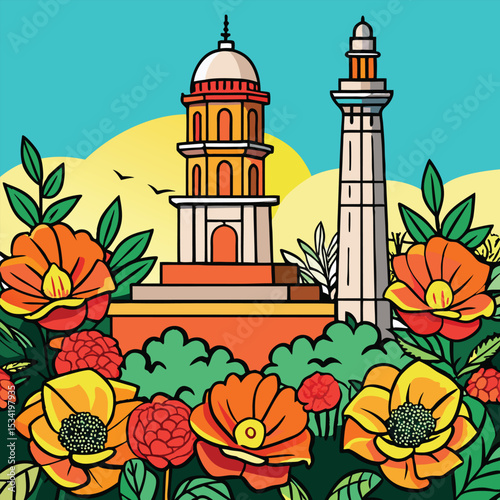 Majestic Landmark in Bloom: An illustrated view of a historical structure, surrounded by vibrant blooms of flora, is set under a radiant sunny sky, depicting architectural grandeur and beauty