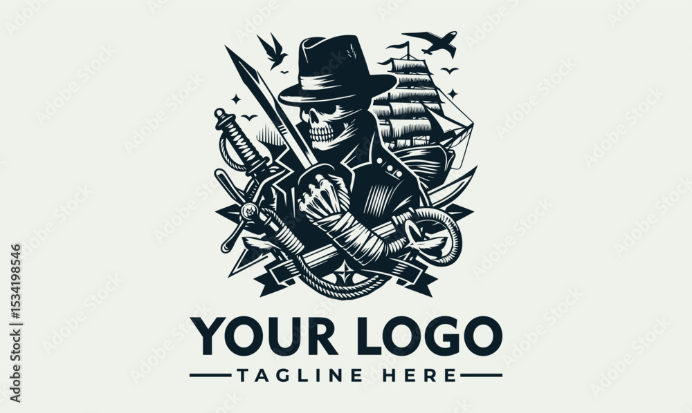 Fototapeta premium Intricate illustration of a rugged pirate figure with a classic hat, crossed swords, and a majestic sailing ship in the background. Maritime adventure concept