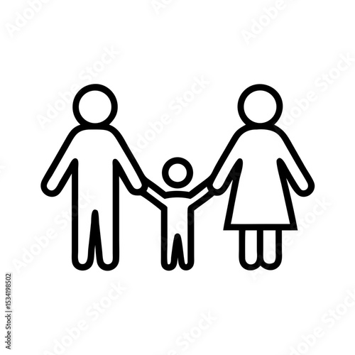 Modern family icon showing parents holding child's hands in simple line art
