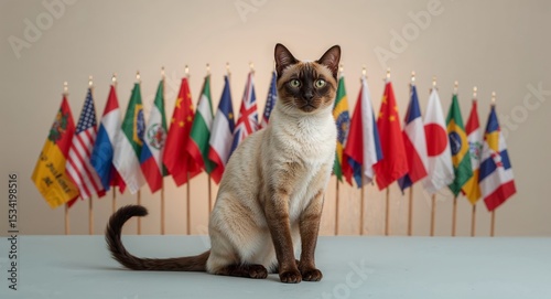 A siamese cat sits regally in front of a diverse collection of international flags on a light table
