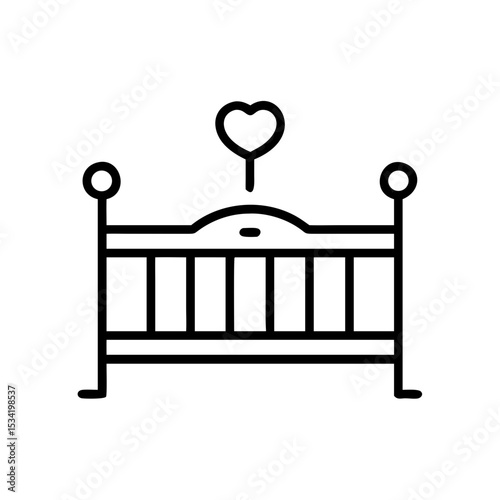Baby crib with heart headboard outline icon, isolated on white background