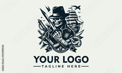 Intricate illustration of a rugged pirate figure with a classic hat, crossed swords, and a majestic sailing ship in the background. Maritime adventure concept
