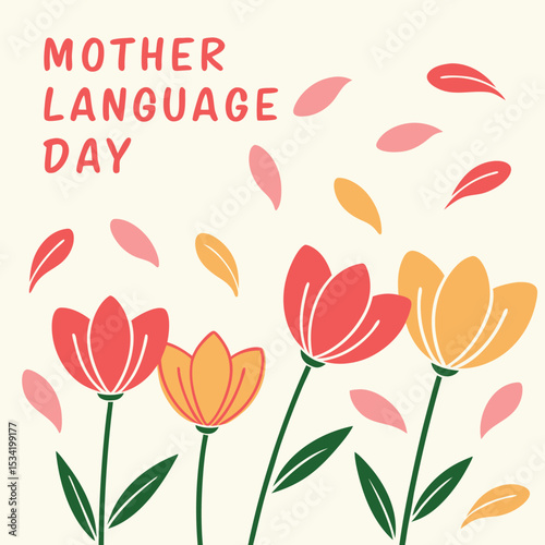 Stylized Floral Vector Art Mother Language Day Pink Orange Flowers