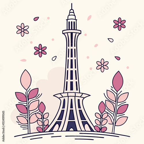 Stylized Vector Shahid Minar Pink Floral Design Pakistan