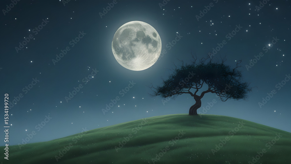 Naklejka premium A serene night landscape featuring a full moon, a solitary tree, and rolling hills under a starlit sky.