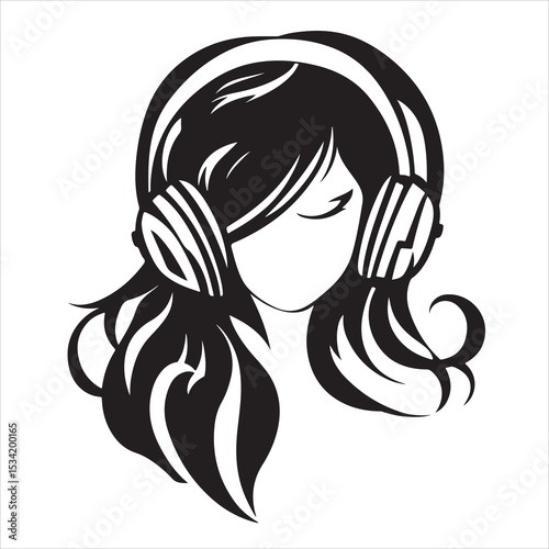 silhouette of a woman wearing headphones and using a smartphone on a transparent background, vector illustration, Silhouette of a woman wearing headphones on a white background in a minimalist style