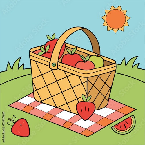 Wicker Picnic Basket Apples Strawberries Watermelon Sunny Day Vector Art