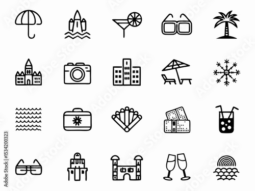Vacation travel icons set summer holiday tourism symbols destination trip beach resort adventure and relax 100