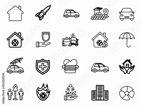 Insurance vector icon set for home car health travel life protection security safety and risk management plan coverage