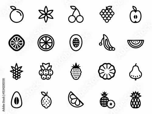 Collection of fruit icons vector design featuring apple orange banana and other fruits for healthy eating diet 100