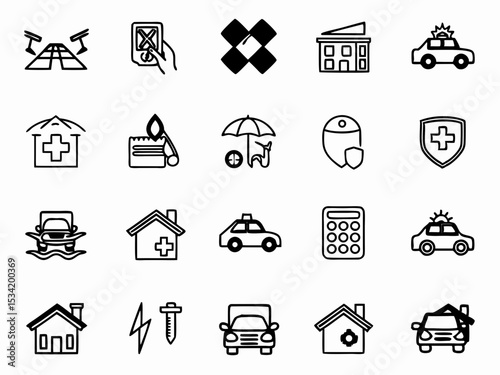 Insurance coverage icons set vector illustration accident protection health home car and life insurance policy 100
