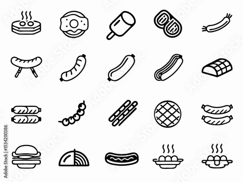 Sausage hotdog bbq grill food icon set vector illustration delicious meal picnic summer party 100char