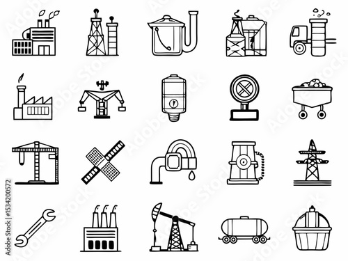 Industrial vector icons set manufacturing energy oil gas construction mining power plant factory equipment concept