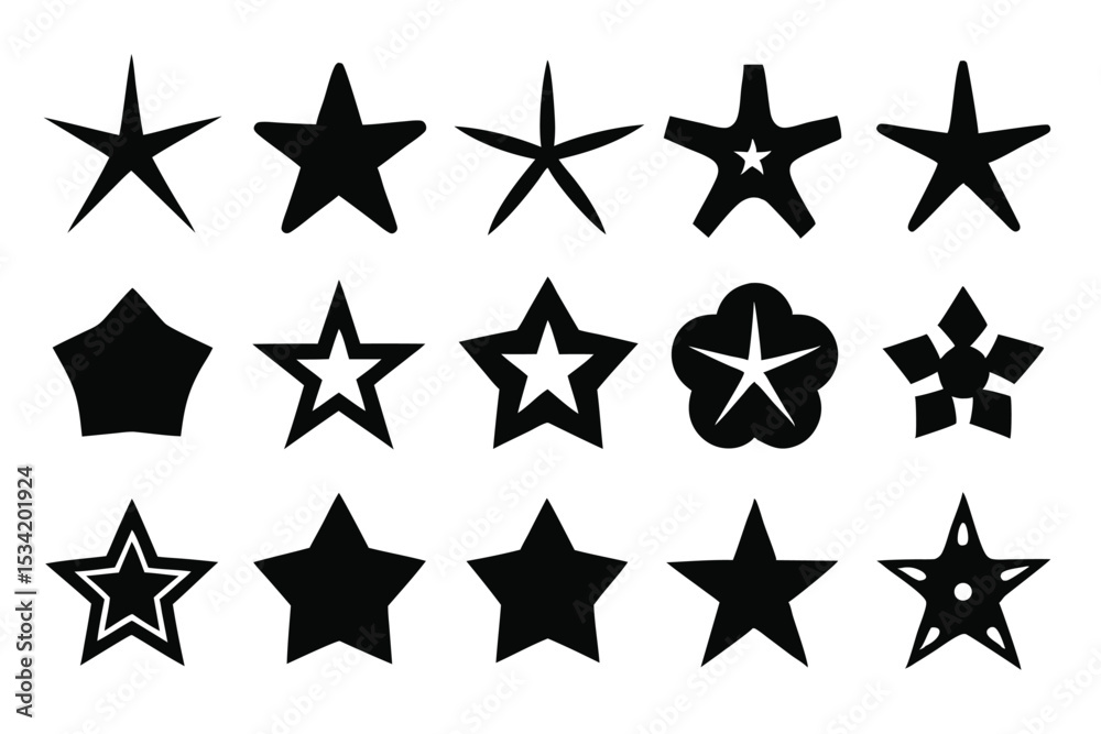 Obraz premium Collection of stylized black star shapes in various designs on a white background