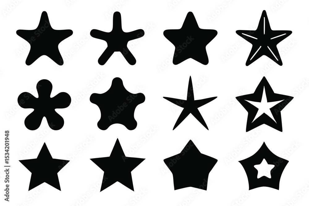 Obraz premium Collection of various black star shapes and designs isolated on a white background