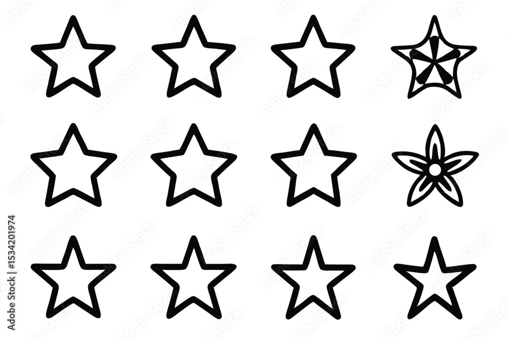 Fototapeta premium Collection of various black outlined star shapes and floral star designs on a white background