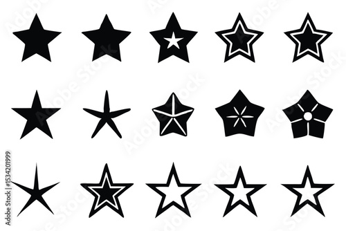 Collection of various black star shapes and outlines isolated on a white background