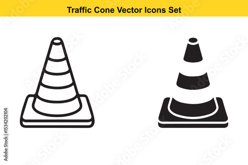 Traffic Cone Outline and Solid Vector Icon Set - Road Safety Barrier Symbol. Traffic cone vector icon .black outline filled version
