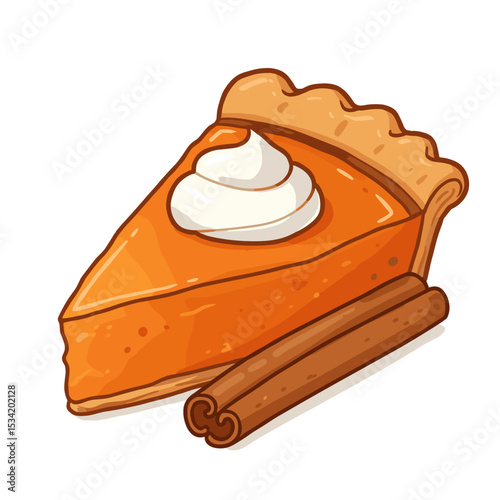Slice of pumpkin pie with whipped cream and cinnamon stick  
